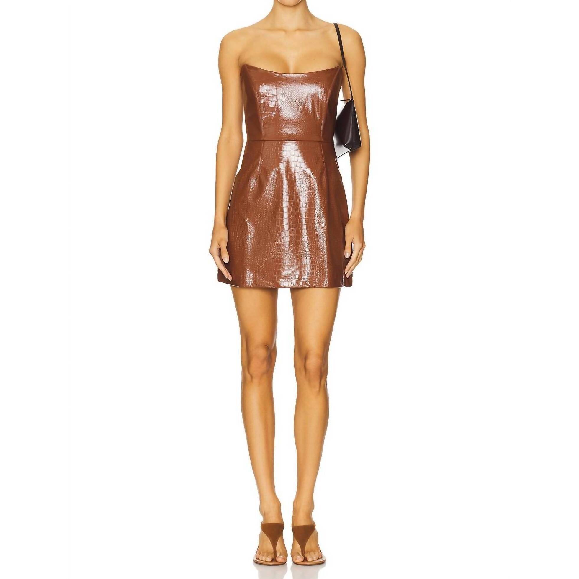 New Nookie Shiloh Strapless Faux Croc Leather Mini Dress In Tan